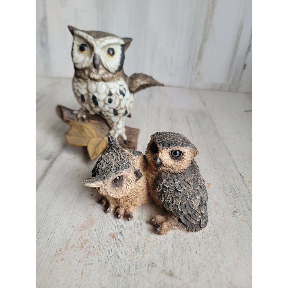 Vintage bird horned owl set mini figure home decor log‎ woods unique